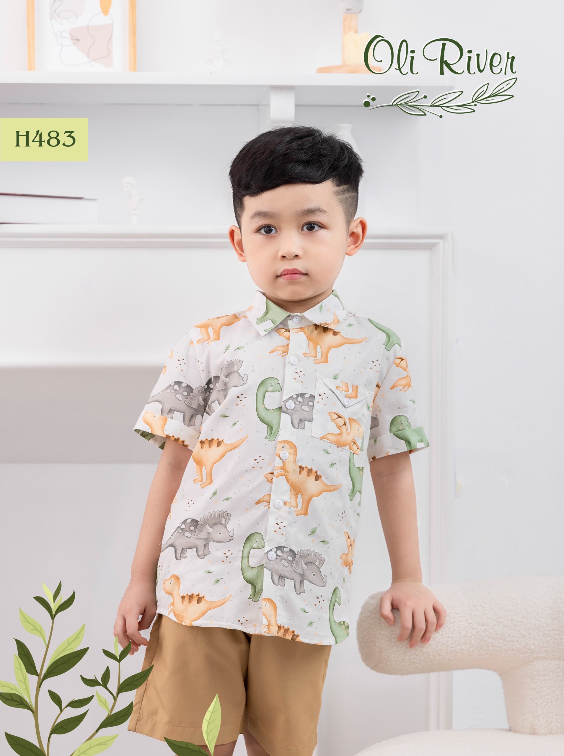Đồ bộ bé trai cộc tay 1-10 tuổi áo sơ mi in khủng long, Bộ hè cho bé hàng thiết kế cao cấp kiêu dáng thời trang