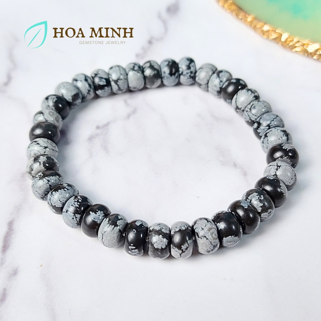 Vòng tay phong thủy đá Mã Não đen xám kiểu bánh xe size 8.3 li phong cách thời trang