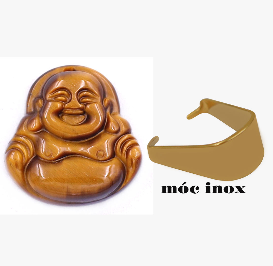 Mặt Phật Di lặc đá mắt hổ vàng đen 2.4 cm  kèm móc inox vàng, mặt dây chuyền Phật cười