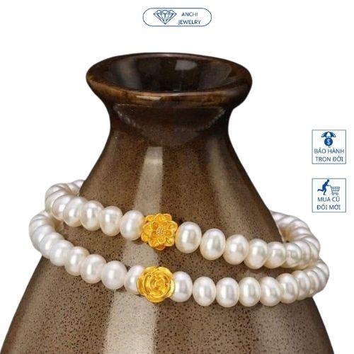 Vòng tay ngọc hạt trai mix charm hoa hồng( hoa sen) vàng phong thủy may mắn 24k, Anchi jewelry