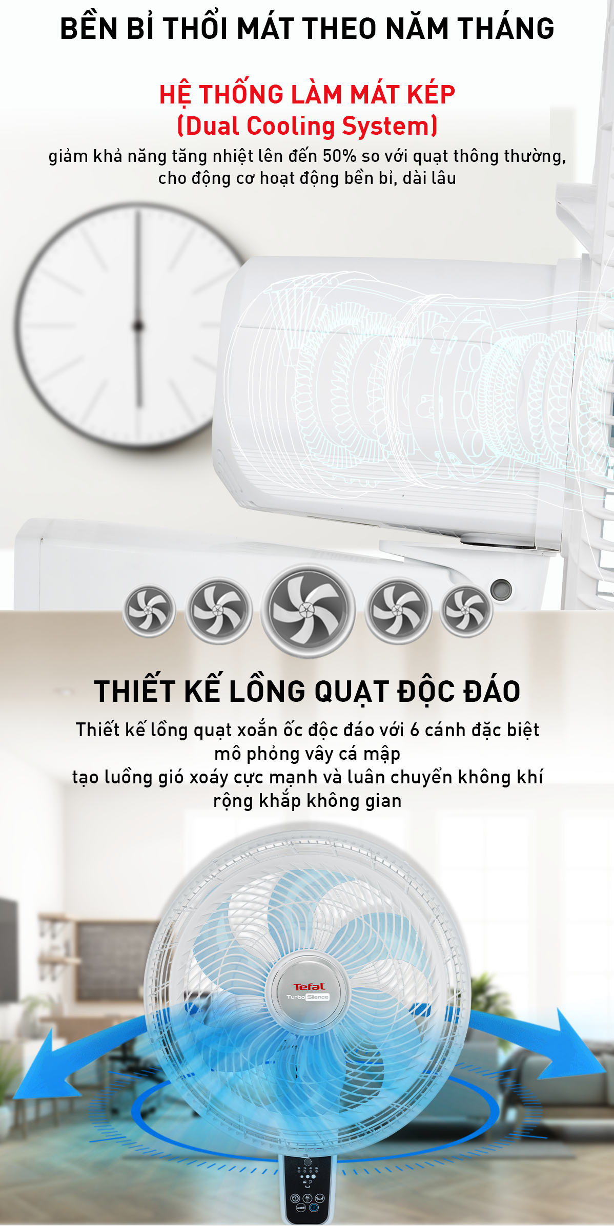 Quạt treo tường có điều khiển từ xa Tefal Turbo Silence VH677990 màu trắng- Hàng chính hãng