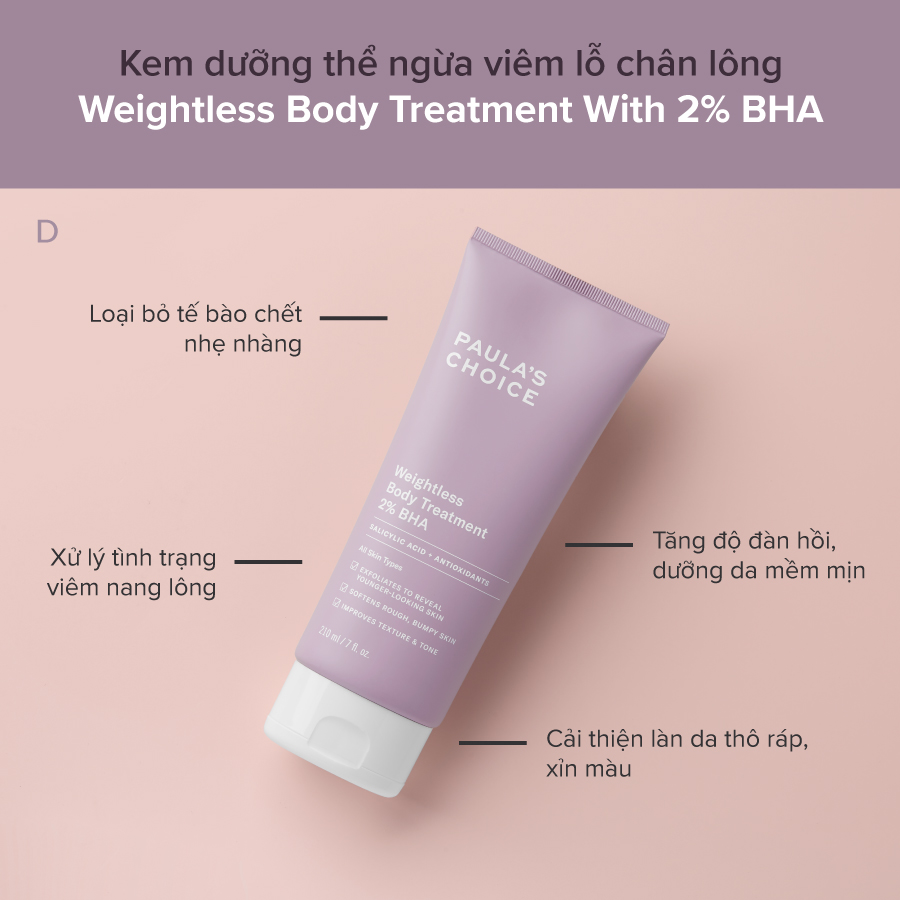 Kem Dưỡng Thể Paula’s Choice RESIST WEIGHTLESS BODY TREATMENT WITH 2% BHA Ngừa Viêm Lỗ Chân Lông 210ml + Tặng Kèm Túi Đựng Mỹ Phẩm Cao Cấp