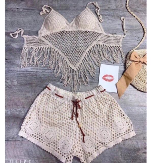07-Set bikini ren đi biển 2 món áo bra- quần sóc