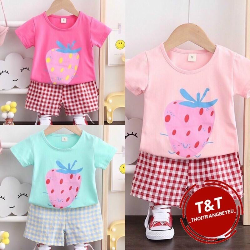 BỘ CỘC TAY COTON MÙA HÈ 2021 HOẠ TIẾT DÂU TÂY CHO BÉ GÁI TỪ 8KG-19kg Mã 337