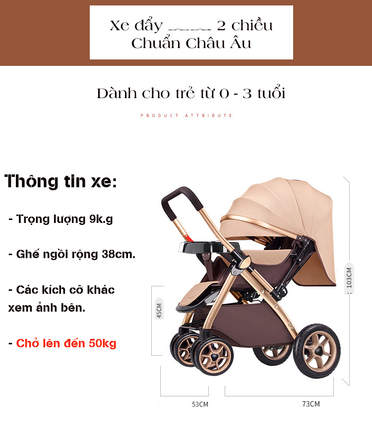 Xe đẩy trẻ em cao cấp 2 chiều 3 tư thế gấp gọn khi du lịch, kiểu dáng sang trọng