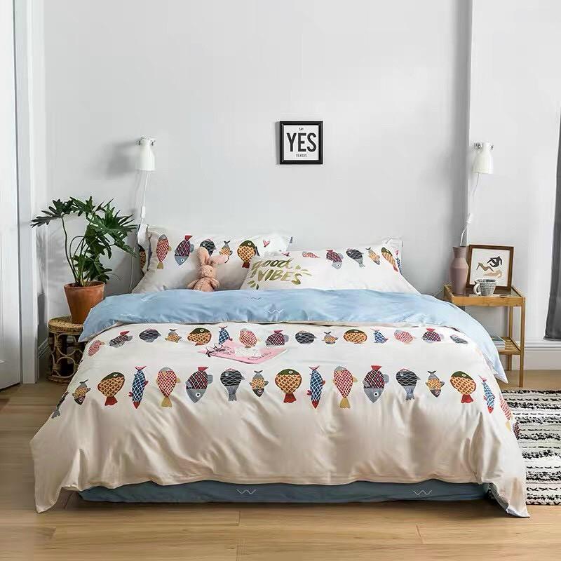 Bộ chăn ga gối cotton poly M2T Bedding Đàn cá xanh, vỏ chăn mền, drap nệm và 2 vỏ gối