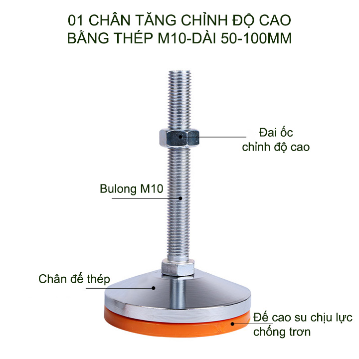 01 Chân tăng chỉnh độ cao bằng sắt có đế cao su, trục M10, dài 50-100mm tùy chọn