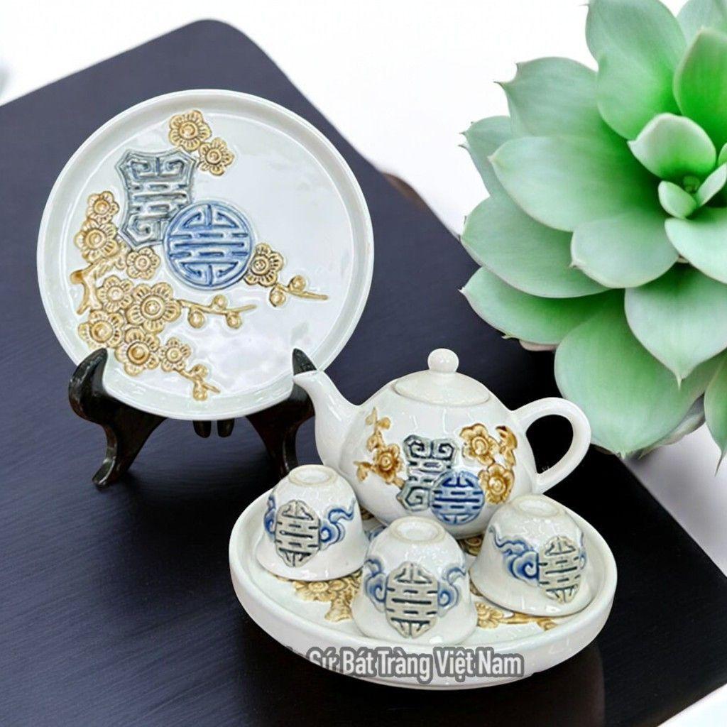Bộ Ấm Chén Thờ RỒNG VIỆT Men Trắng Cao Cấp - Gốm Bát Tràng Họa Tiết Đào Thọ Đắp Nổi