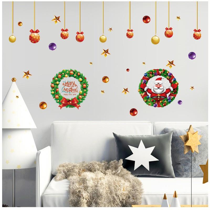 Decal dán tường , dán kính vòng nguyệt quế Noel + dây thả ấn tượng nhũ vàng