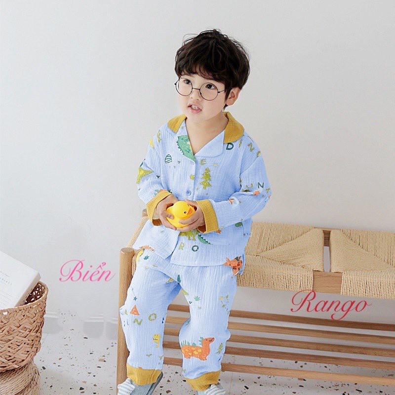 Bộ pizama bé gái bé trai hình khủng long chất thun cotton mịn mát ấm áp