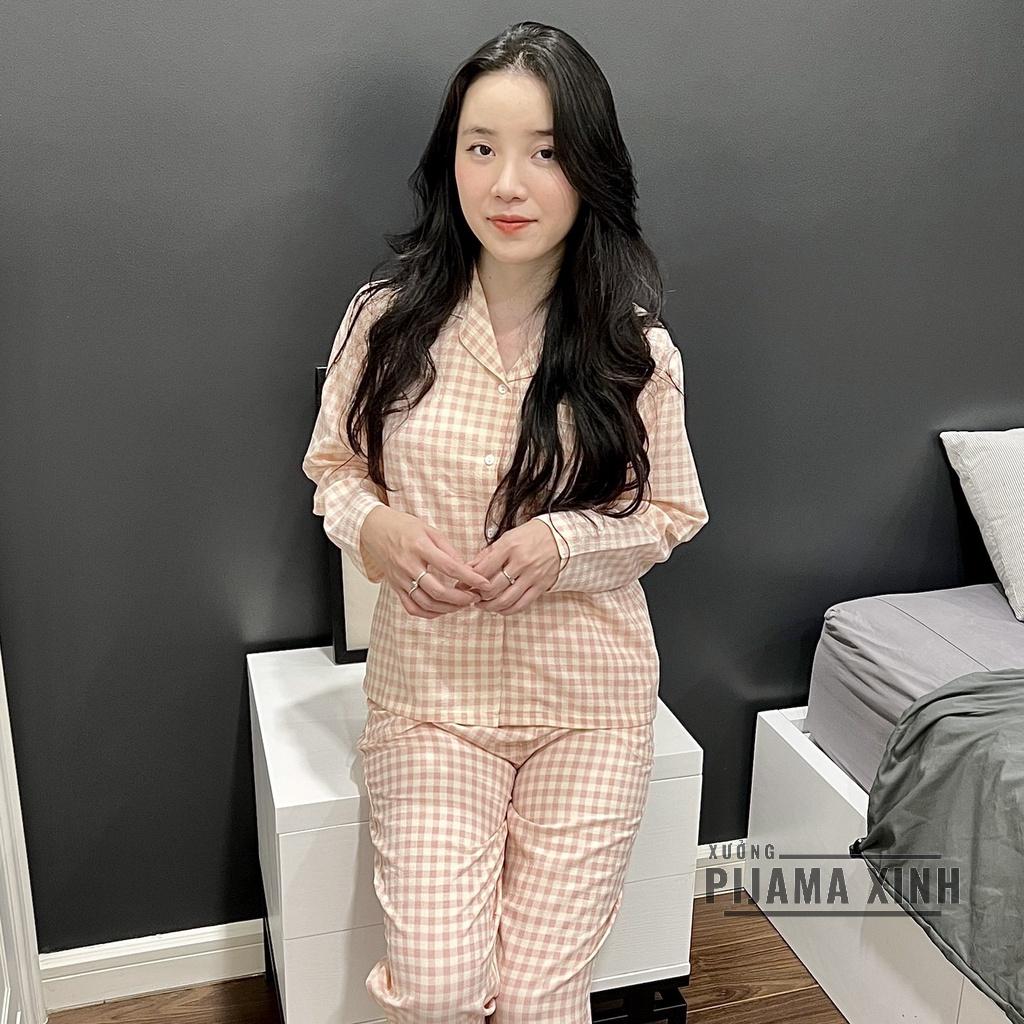 Bộ Ngủ Nữ Pyjama Đũi Xốp Dài Tay Họa Tiết Caro Hồng Dễ Thương Cho Nữ Mặc Nhàà