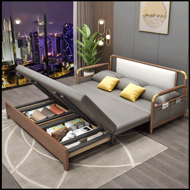 Giường Sofa Gấp Gọn Kiêm Ghế Sofa KT 1m3 x 1m90, Giường Ngủ Sofa Cao Cấp Có Hộc Chứa Đồ. Toàn Bộ Khung Thép Chịu Lực Sơn Tĩnh Điện. Tay Ốp Gỗ Sồi Bọc Đồng. Thiết Kế Thẩm Mĩ, Hiện Đại