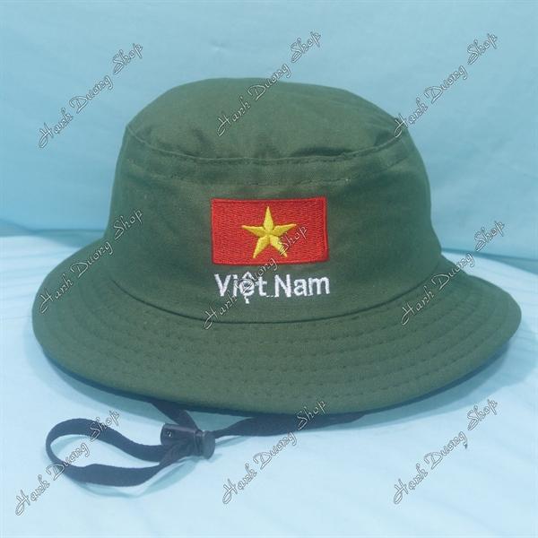 Nón tai bèo trẻ em 3-5 tuổi, mũ tai bèo thêu Lá cờ Việt Nam size đầu 52-53cm, đường kính 18cm - Rêu Đậm