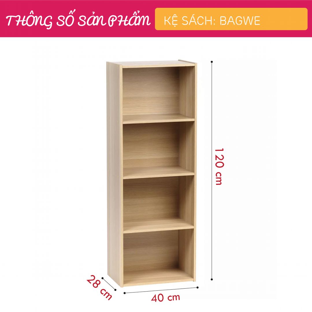 Kệ sách, kệ trang trí gỗ hiện đại SMLIFE Bagwe | Gỗ MDF dày 17mm chống ẩm | D40xR28xC120cm