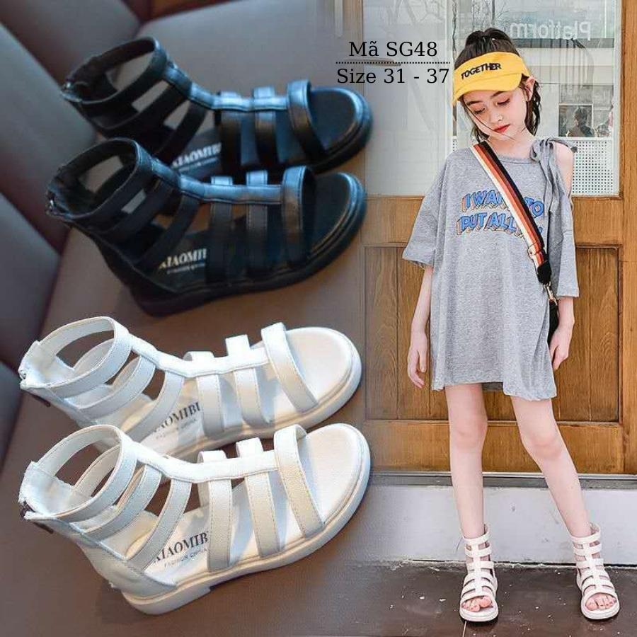 Dép sandal cổ cao chiến binh cho bé gái 6, 7, 8, 9, 10 tuổi 2 màu trắng đen phong cách thời trang cá tính và sành điệu phối đồ xinh xắn đi tiệc, biểu diễn thời trang SG48