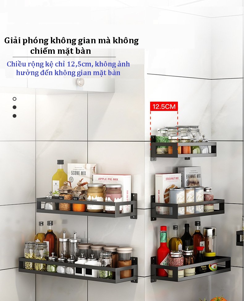 Kệ Gia Vị Nhà Bếp Bằng Thép cacbon Sơn Tỉnh Điện Đen - Treo Tường Không Cần Khoan - Nhiều Loại Kích Thước Phù Hợp Mọi Không Gian Nhà Bếp