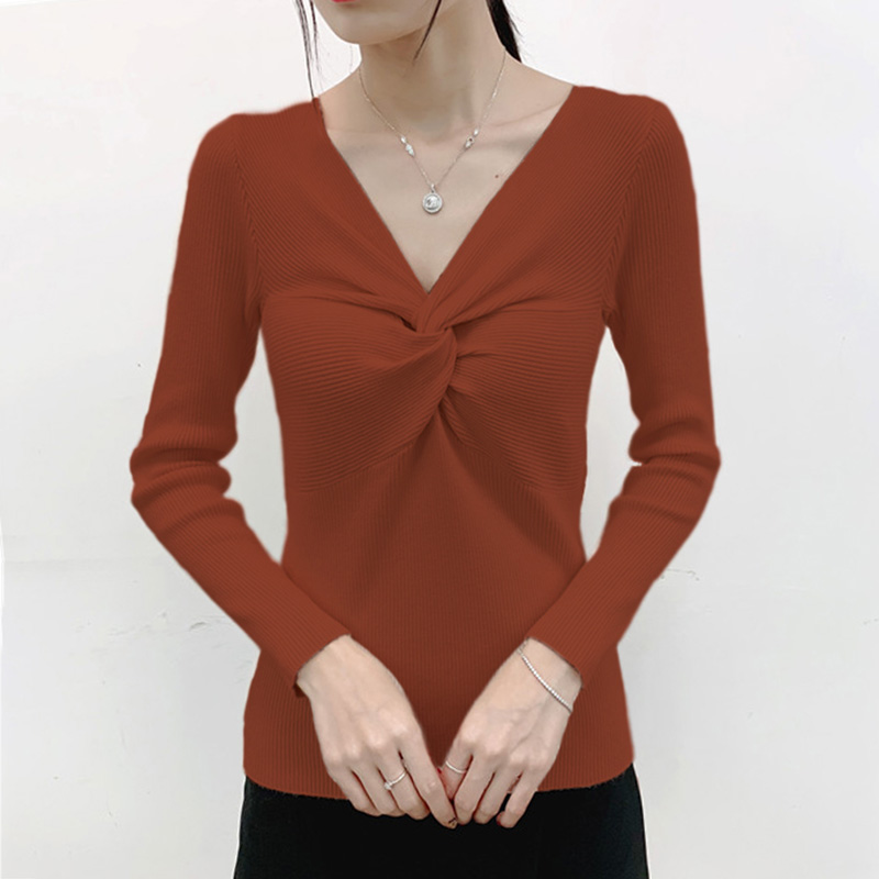 Fashion Women Winter Knit Bottoming Sweater Front Twisting Knot V Neck Long Sleeve Solid Color Slim Knitwear Pullover
