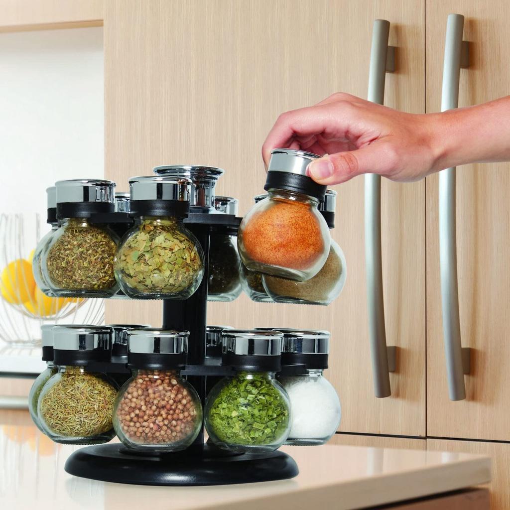 Bộ Lọ Đựng Gia Vị Kamenstein Ellington Revolving, 16 Lọ, Giá Treo Xoay, Lọ Thủy Tinh, Nắp Thép Không Gỉ, Nhập Đức