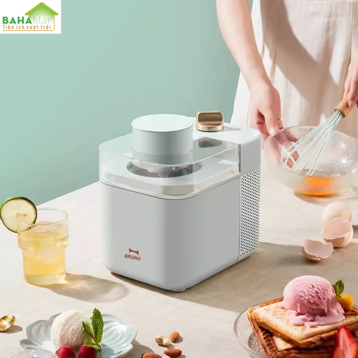 MÁY LÀM KEM THÔNG MINH TỰ ĐỘNG, LÀM ĐÁ, SỮA CHUA HOA QUẢ, MÓN TRÁNG MIỆNG BRUNO "BAHAMAR" Một nút ấn