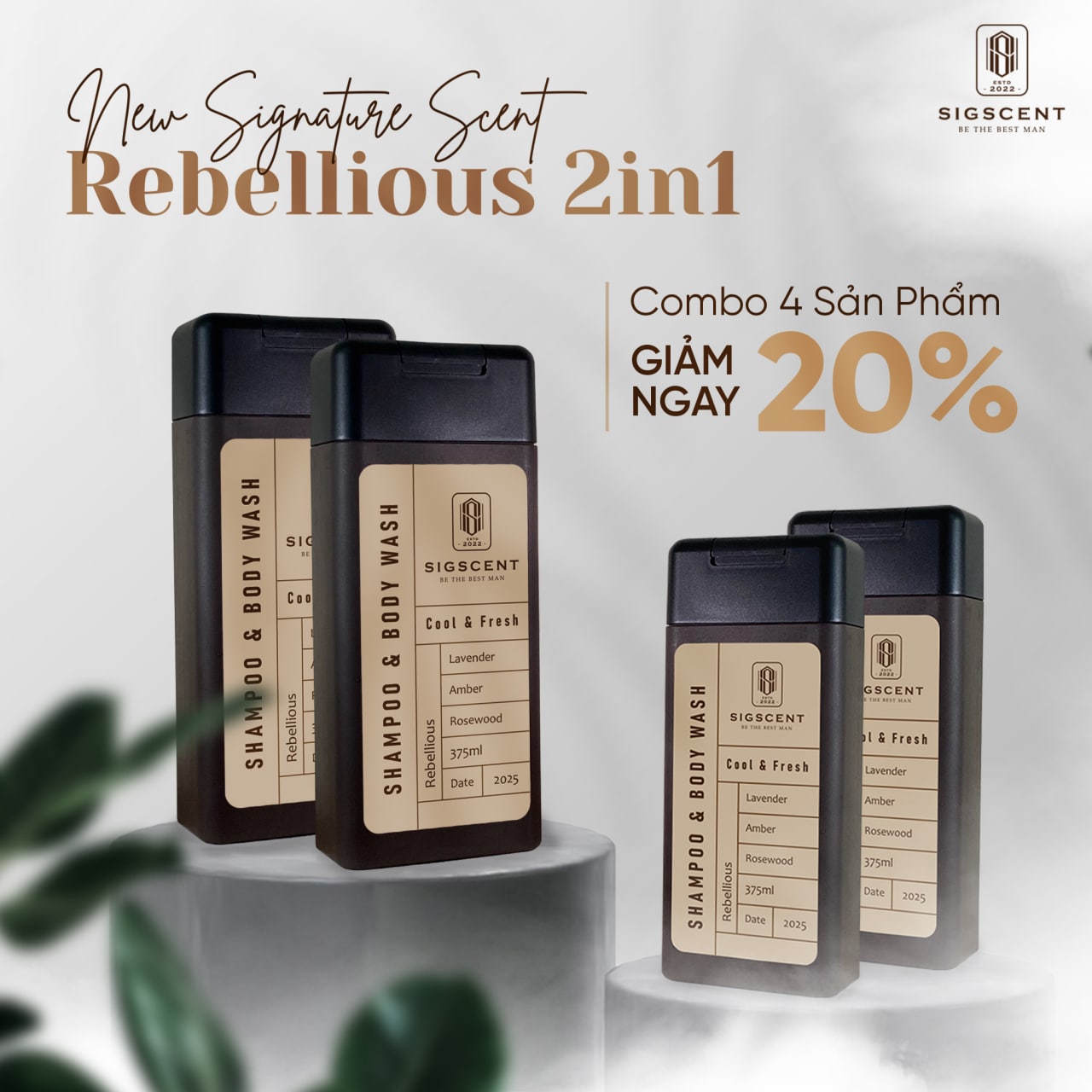 Sữa tắm dầu gội cho nam hương nước hoa 375ml Rebellious thương hiệu SIGSCENT- COMBO 4