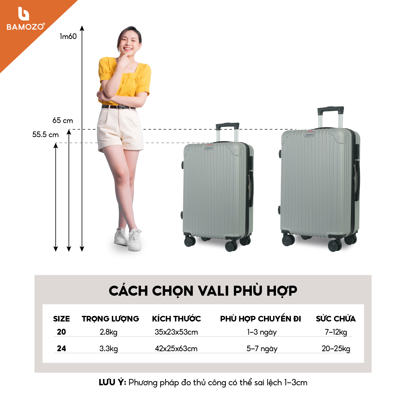 Vali du lịch BAMOZO 8801 MÀU BẠC size 20/24, vali kéo nhựa được bảo hành 5 năm.