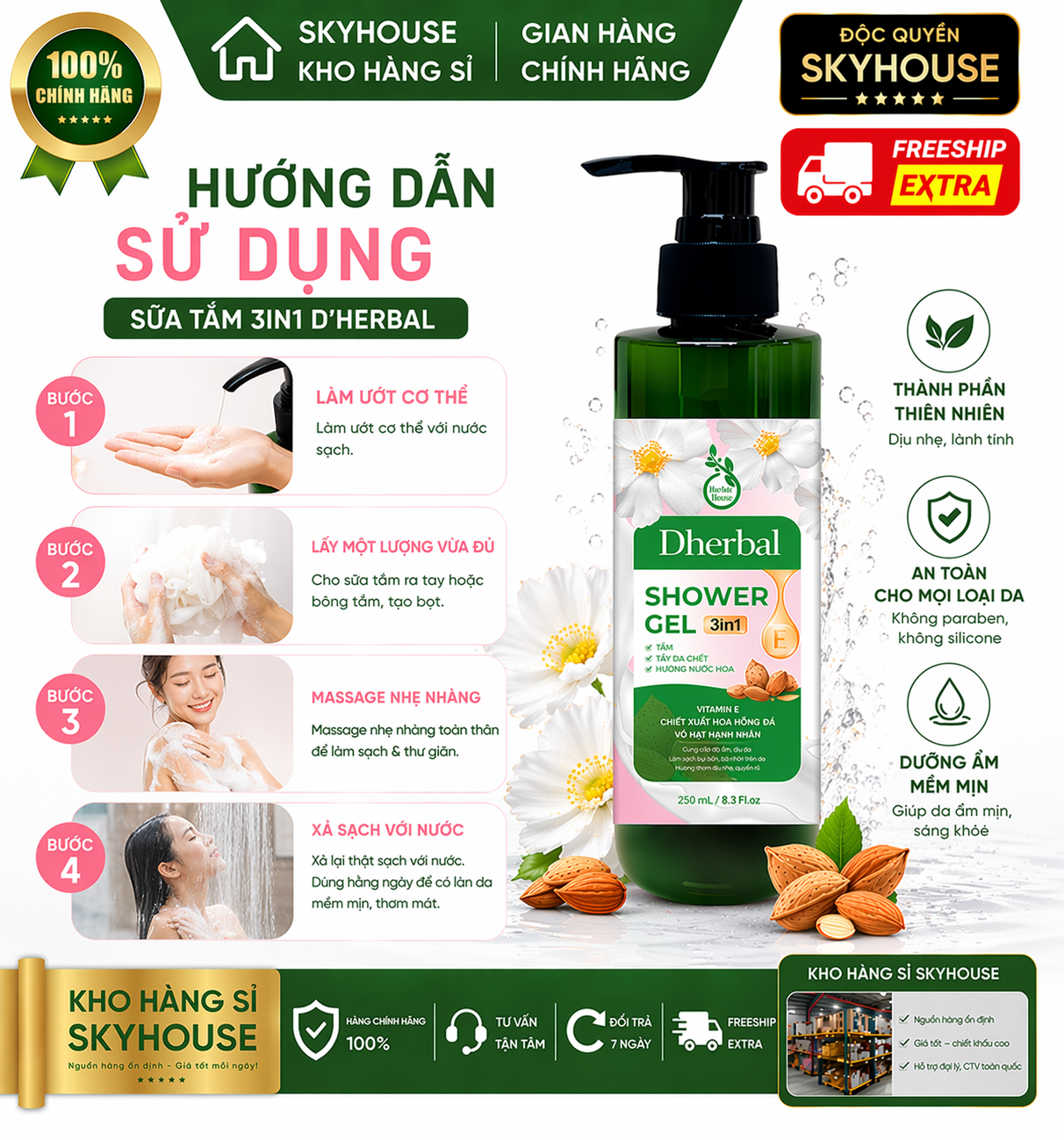 Sữa tắm trắng da 3in1 thiên nhiên độc quyền DHERBAL chai 250ml sữa tắm dưỡng ẩm thơm lâu chính hãng