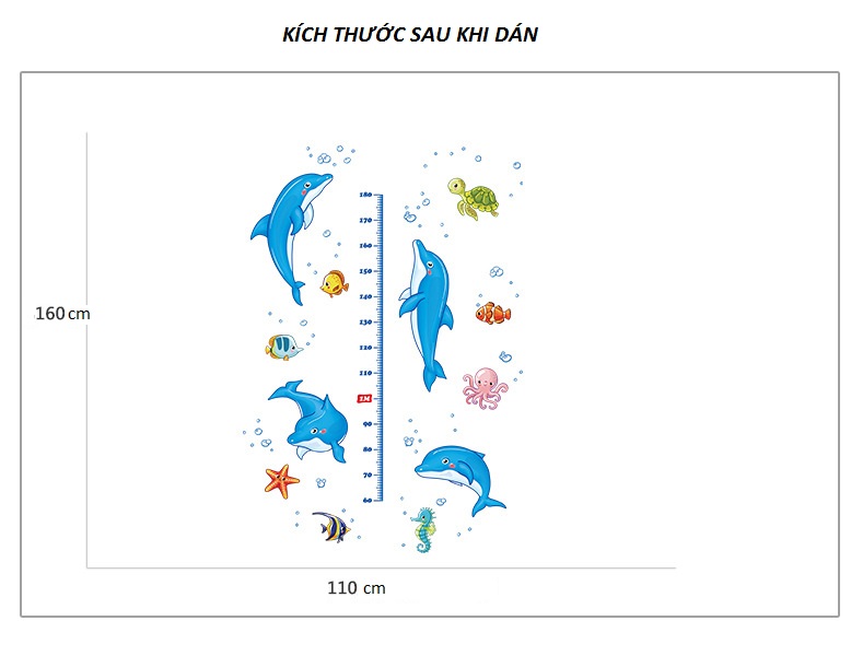 Decal dán tường thước đo Cá heo nhảy múa AmyShop