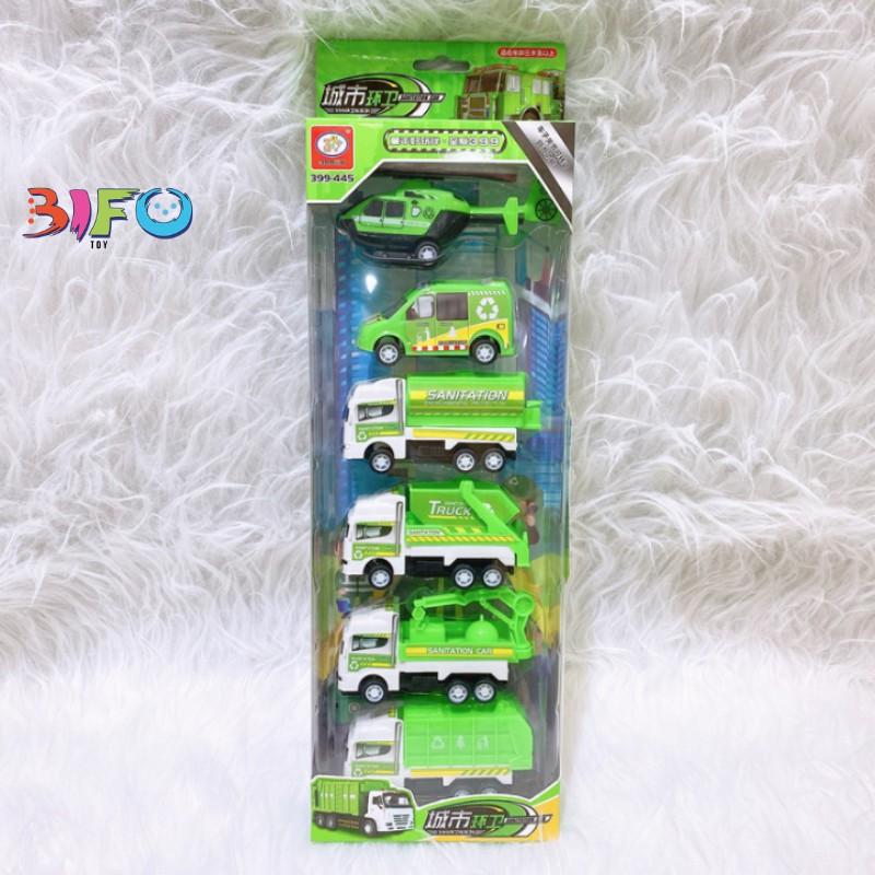 Set 6 đồ chơi xe vận tải xanh lá cho bé vui chơi thỏa thích