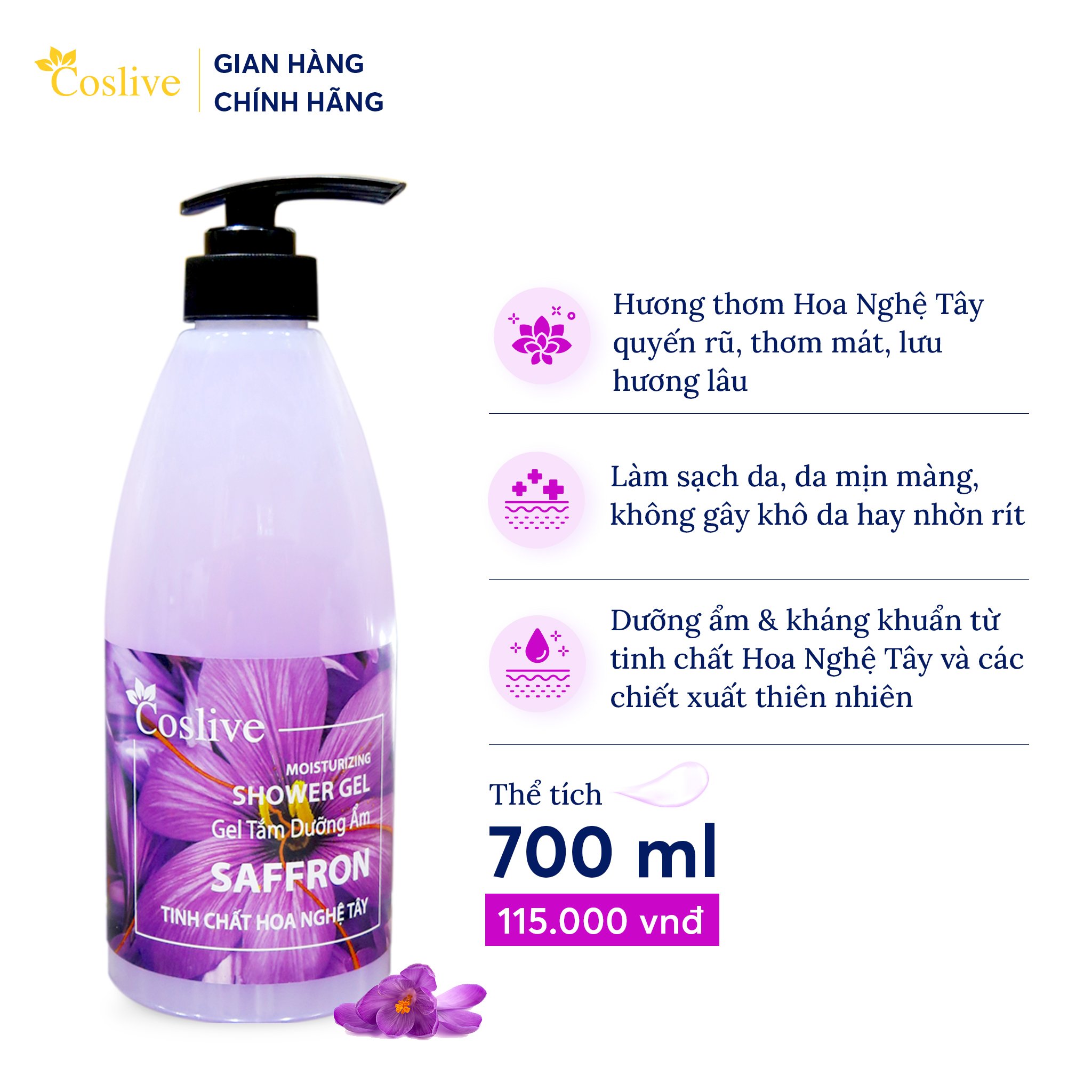 GEL TẮM KHÁNG KHUẨN TINH CHẤT HOA NGHỆ TÂY 700ML COSLIVE