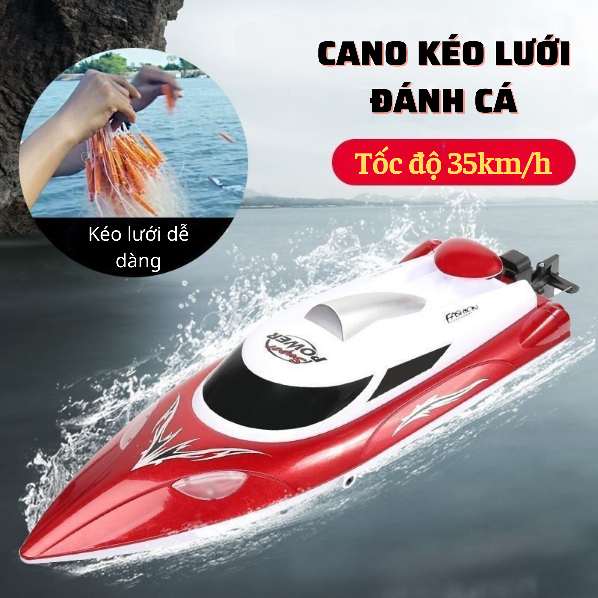 Cano kéo lưới đánh cá Hongxunje HJ809 Pin 3000mAH, Cano điều khiển tốc độ cao 35km/h Pin 3000mah, sóng 2.4 Ghz