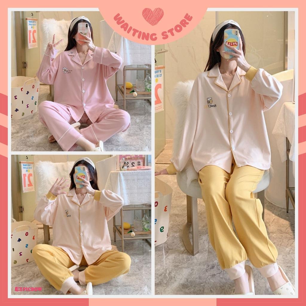 Đồ Mặc Nhà Pijama Dễ Thương, Đồ Bộ Nữ Cotton Áo Dài Quần Dài Màu Trơn Vàng Hồng DDCP06