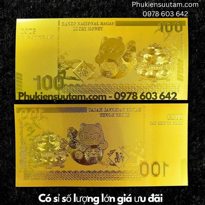 Combo 10 Tờ Lì Xì Con Mèo Thần Tài Mạ Vàng Plastic, kích thước: 15.5cmx7.5cm, màu vàng - SP005905