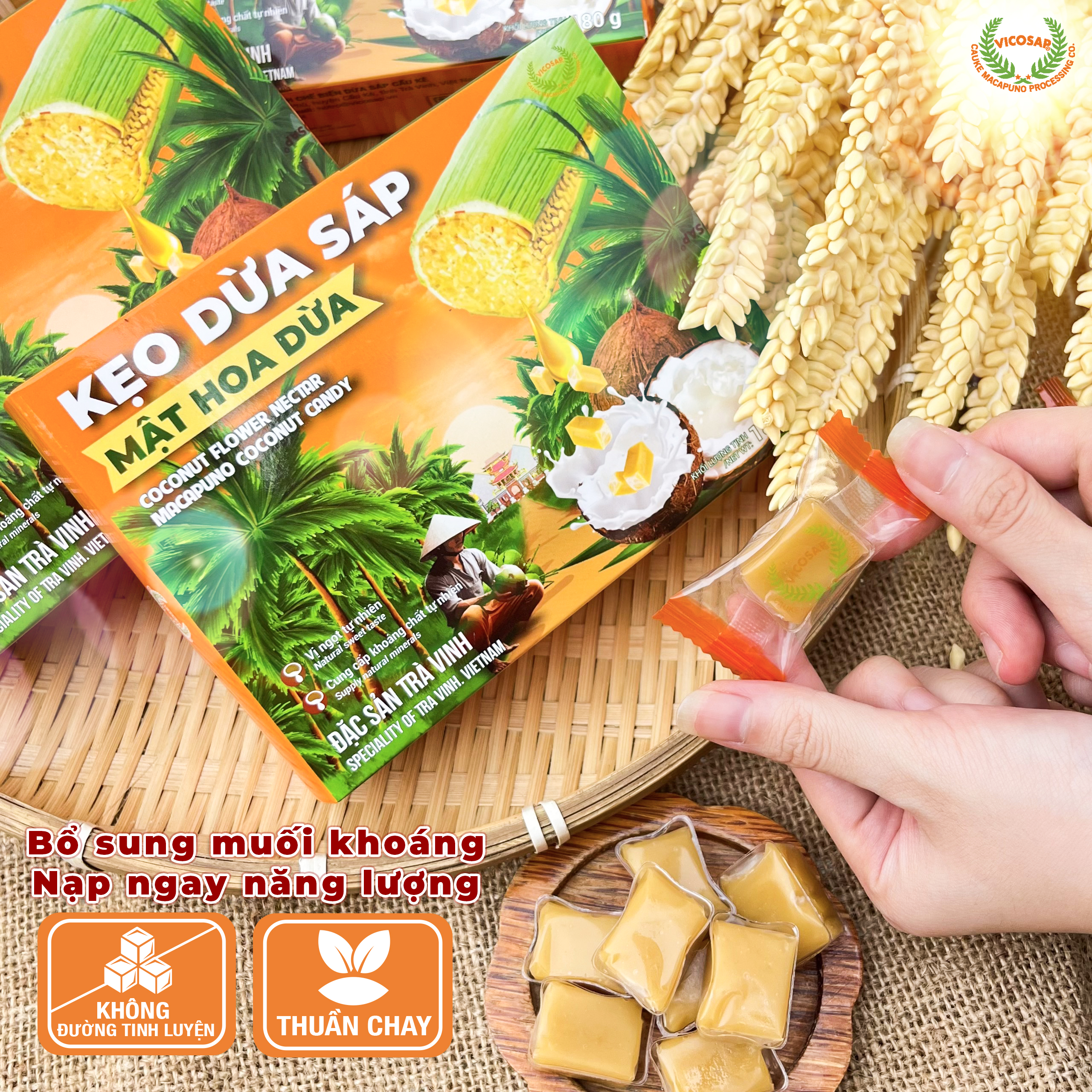 Kẹo dừa sáp VICOSAP mật hoa dừa không đường đồ ăn vặt healthy kẹo mềm dẻo đặc sản Trà Vinh