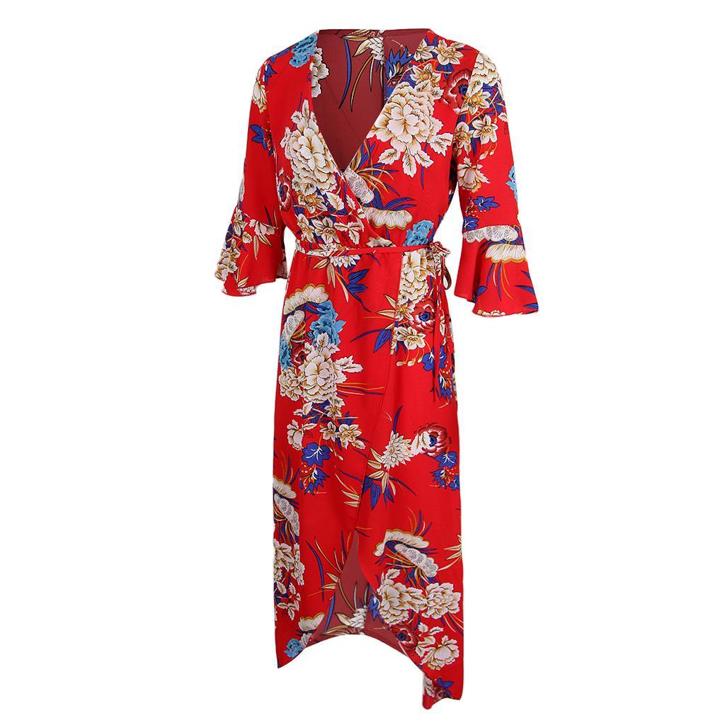 Women's V Neck Floral High Split Loose Dress Stretch Casual Long Maxi Dress