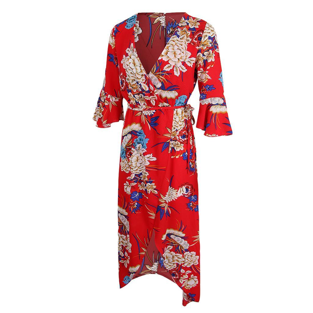 Women's V Neck Floral High Split Loose Dress Stretch Casual Long Maxi Dress