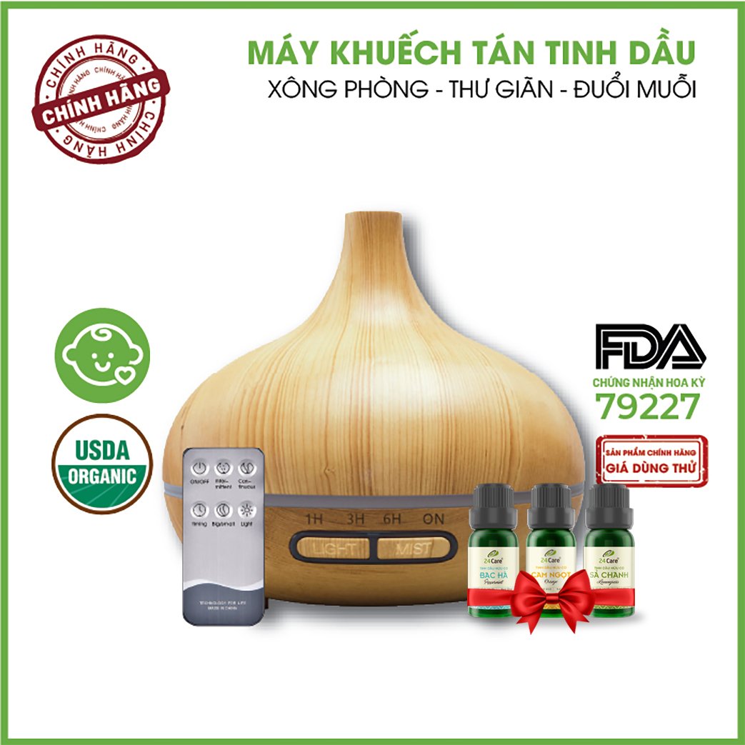 Máy Xông Tinh Dầu Cổ Cao Vân Gỗ 550ml Kèm 3 Chai Tinh Dầu Sả Chanh + Tinh Dầu Bạc Hà + Tinh Dầu Cam Ngọt 24Care | Xông Thơm Phòng Đuổi Muỗi | Tặng Remote Điều Khiển | Công nghệ siêu âm tiên tiến