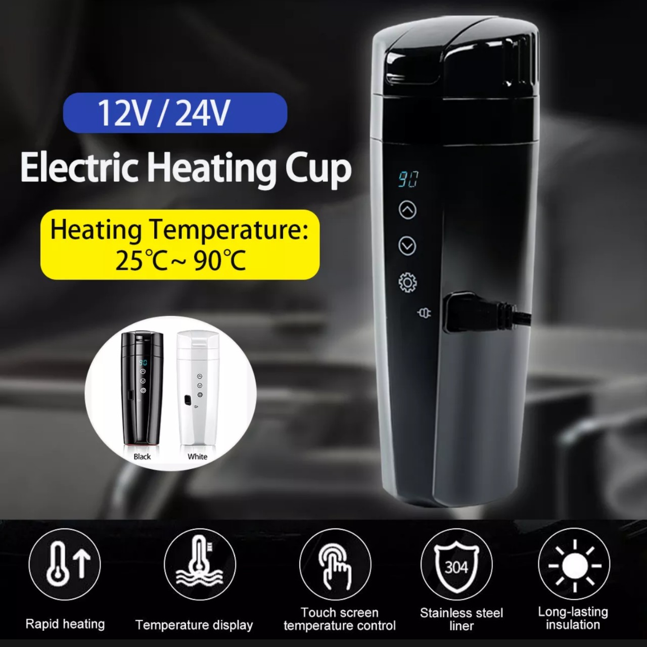 (LOẠI TỐT) Bình nấu nước nóng trên ô tô xe hơi 12v-24v cảm ứng có chỉnh nhiệt độ , phụ kiện oto