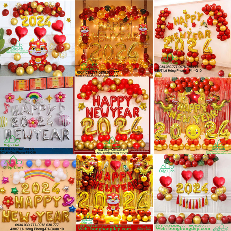Sét Bóng Trang Trí Tết Năm Mới Happy New Year Chúc Mừng Năm Mới 2024 Giáp Thìn