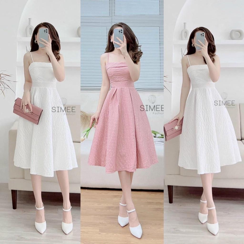 TTL đầm trắng 2 dây xòe dự tiệc xếp ly ngực xốp có mút thiết kế cao cấp