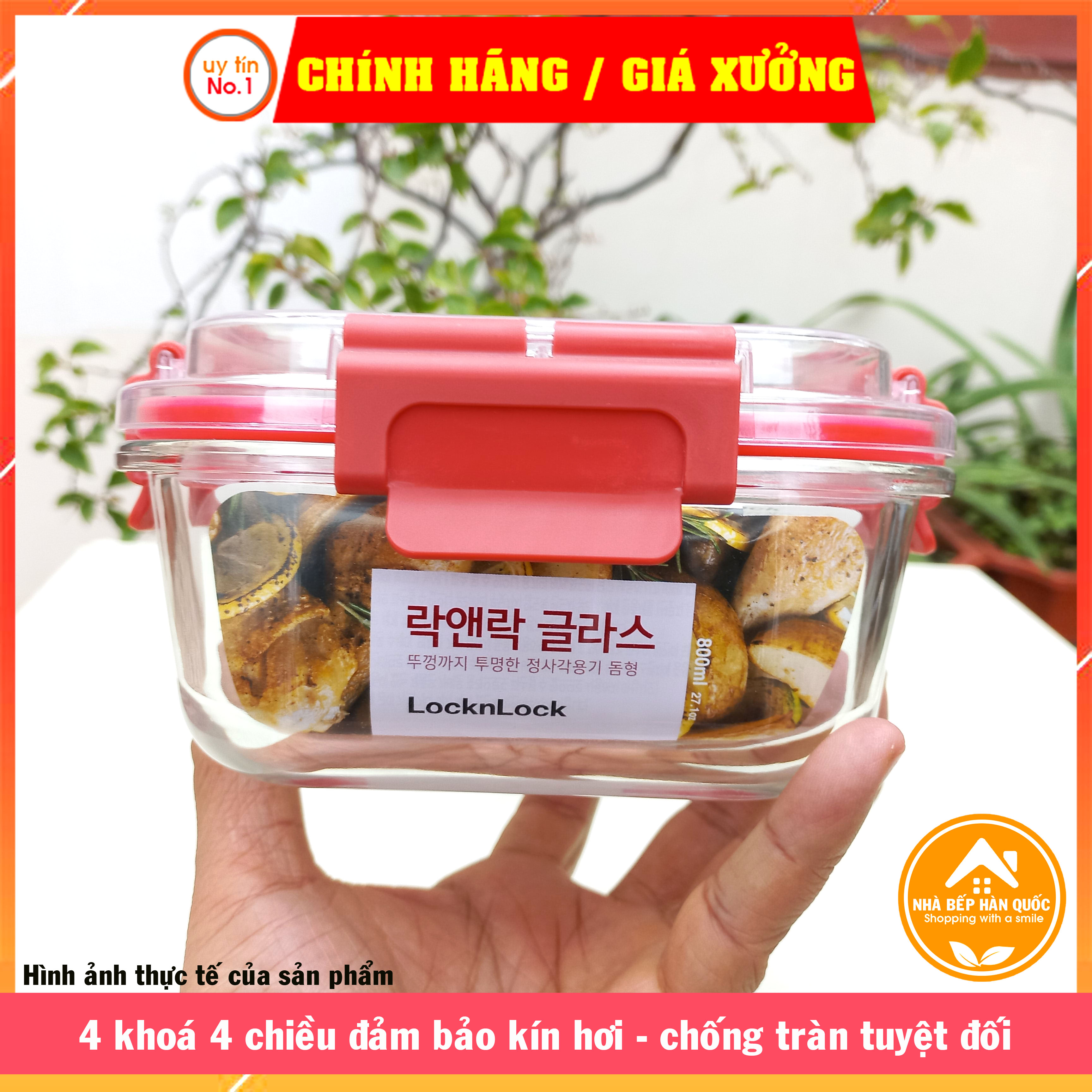 Hộp đựng thực phẩm Lock&amp;Lock chính hãng bằng thuỷ tinh LLG238 320ml LLG239 520ml LLG242 800ml nắp màu đỏ