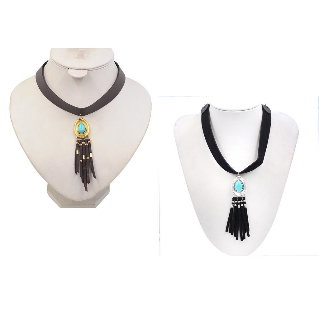 Women Bohemian PU Leather Choker Necklace Charm Pendant with Tassels