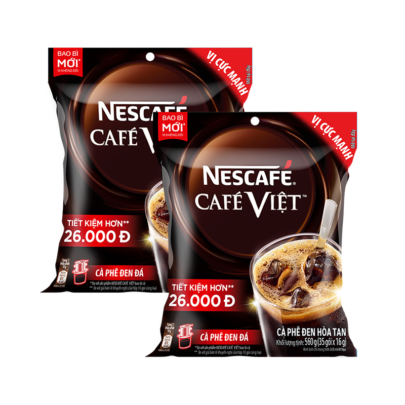 [Tặng Bộ 3 ly thủy tinh cao cấp NESCAFE] Combo 2 Bịch Cà phê đen hòa tan NESCAFÉ CAFÉ VIỆT (Túi 35 gói x 16g)