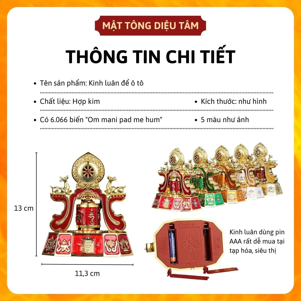 Kinh Luân Tây Tạng - bánh xe cầu nguyện Om Mani Padme Hum trang trí để bàn xoay để trên xe ô tô mang lại bình an và may mắn nhiều màu - Diệu Tâm