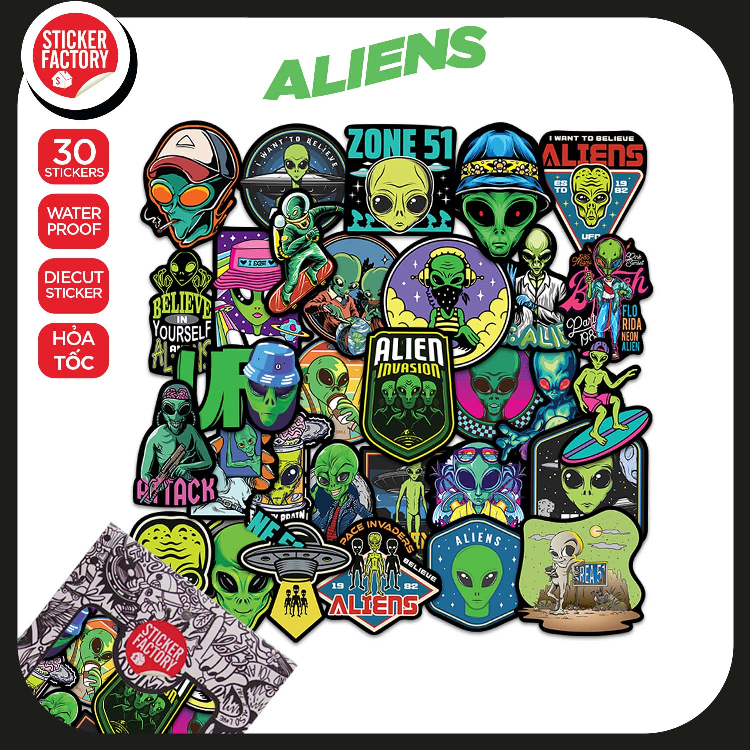 Aliens - Set 30 sticker decal hình dán nón bảo hiểm, laptop, xe máy, ô tô - STICKER FACTORY