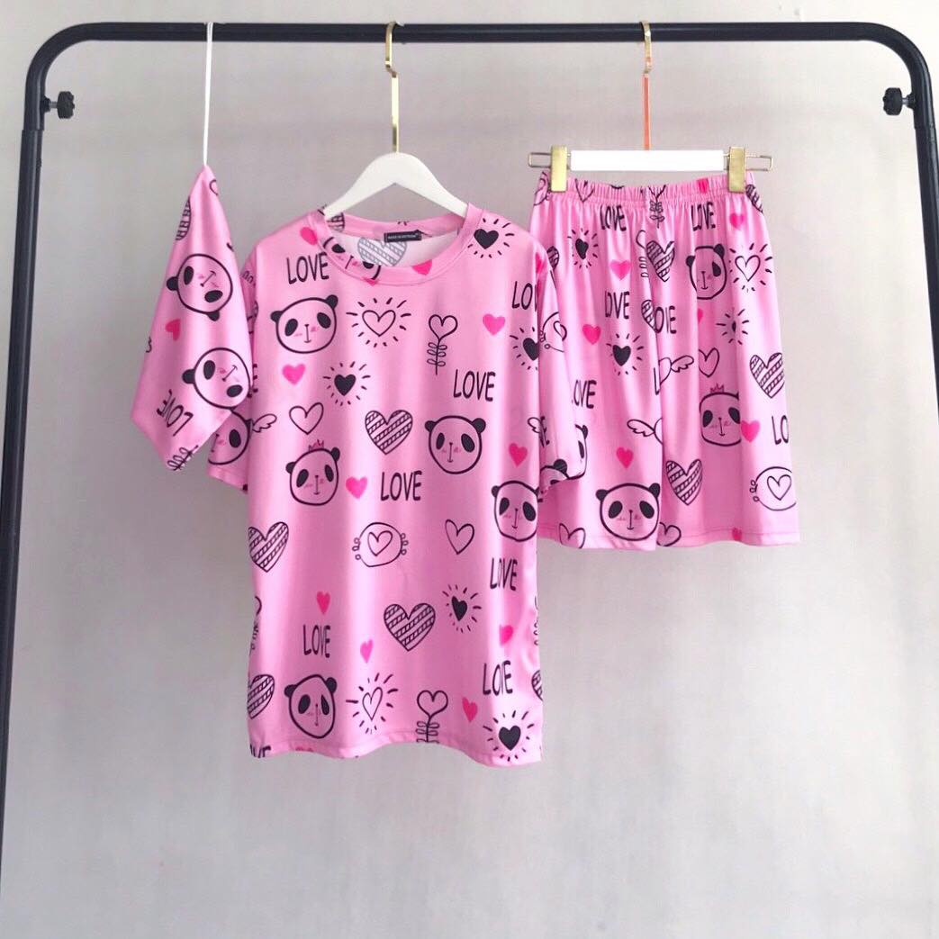 Bộ Thun Ngủ Hoạt Hình Tay Lỡ Kèm Túi Vải Phối Quần Short Oversize Ulzzang Dáng Rộng - MM