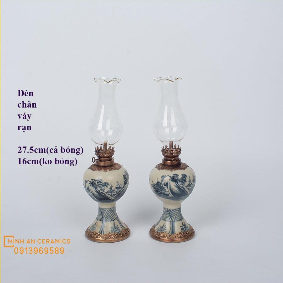 Đèn dầu thờ gốm sứ men rạn giả cổ bọc đồng dáng thấp- Gốm Sứ Bát Tràng- gốm Minh An