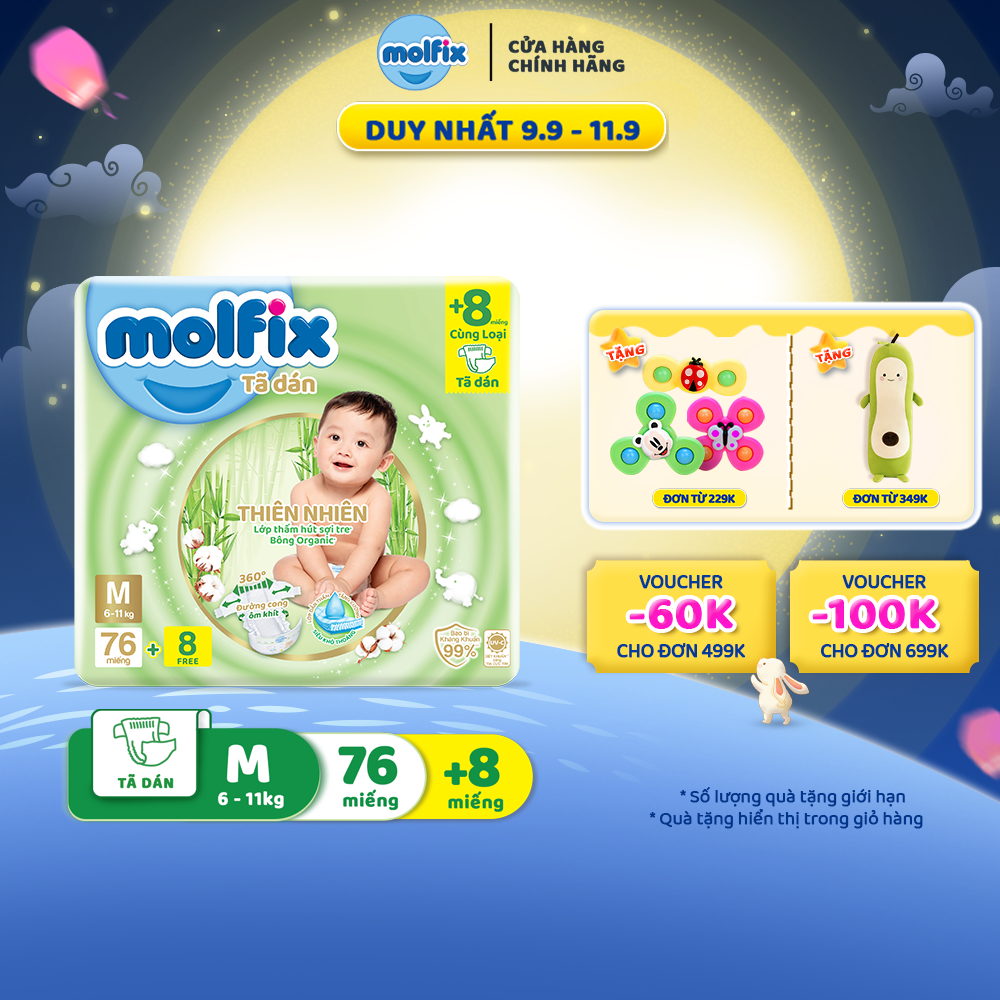 Tã/bỉm dán Molfix Thiên nhiên Super Jumbo M (6kg - 11kg) - Gói 76+8 miếng