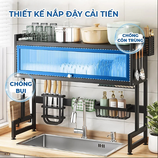 Kệ chén đĩa bát có nắp đậy 2 tầng sạch sẽ chống bụi cho nhà bếp tiện lợi - Đủ kích thước