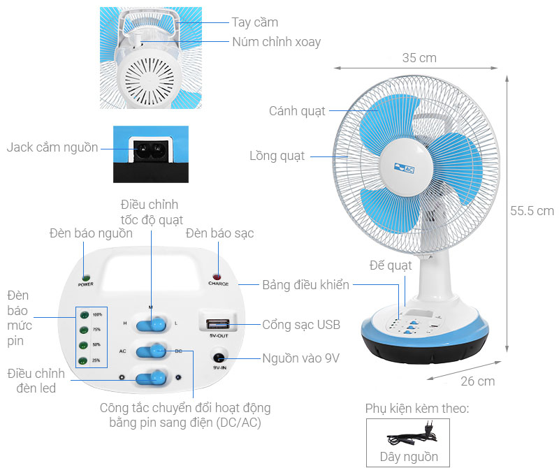 Quạt Bàn Sạc Tích Điện AC ARF03D123 30W Đa Năng 2 Trong 1 Tích Hợp Cổng Sạc Usb, Đèn Led - Hàng Chính Hãng