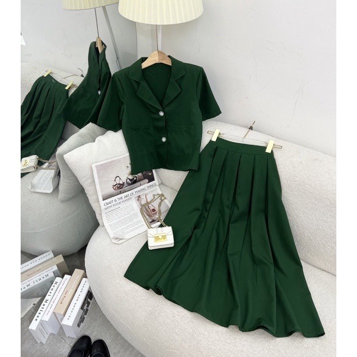 Set áo vest kèm chân váy xếp ly midi ulzzang